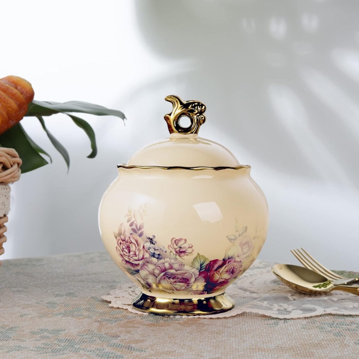 Large Floral Porcelain Sugar Jar for Kitchen Countertop