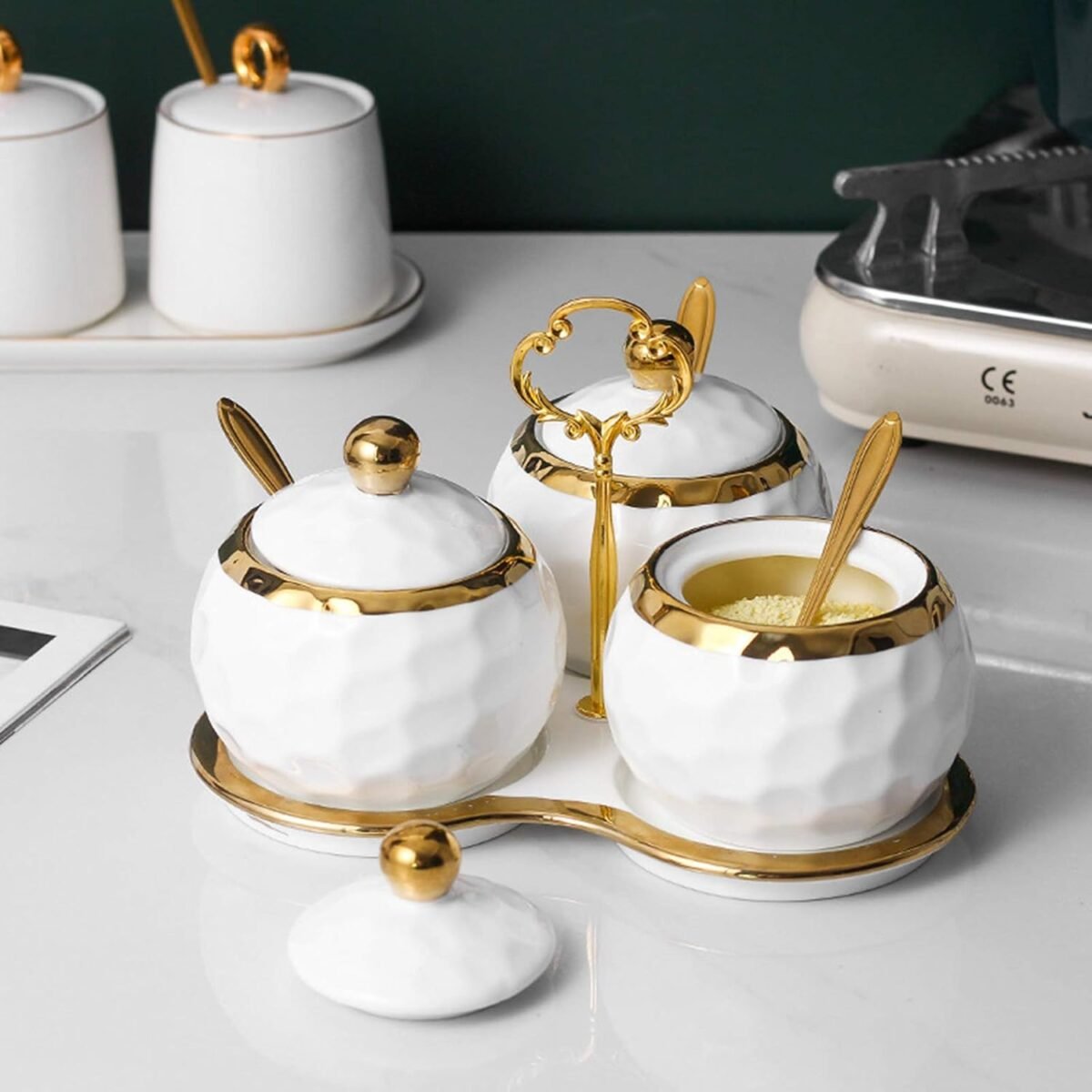 Set of 3 Modern White and Gold Spice Jars for Kitchen Countertop